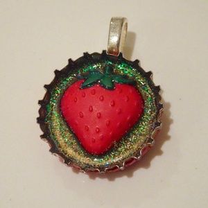 Cute Handmade Strawberry Charm Iridescent Glitter in Resin Bottle Cap Pendant